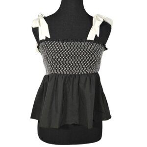 NWOT | Black Smocked Shoulder-Tie Peplum Top | White Contrast | Size Large